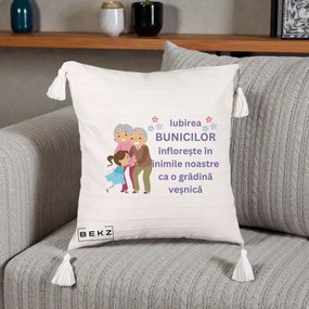 Cadou pentru Bunici - Perna Personalizata Bunicii Iubirea Infloreste Bunici cu Nepoata Colorat, 40x40 cm, Bej cu Franjuri, Husa Detasabila, Perna Inclusa, BEKZ®