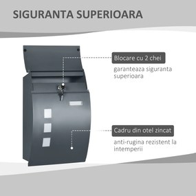 HOMCOM Cutie Postala Curbata din Otel Zincat cu 3 Fante si 2 Chei de Securitate incluse, 45x10x32 cm, Gri | Aosom Romania