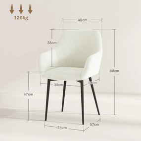 HOMCOM Set 2 Scaune de Dining Tapițate în Stil Nordic cu Brațe și Picioare din Oțel, 54x57x80 cm, Alb Crem | Aosom Romania