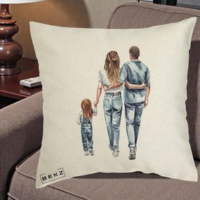 Cadou pentru Familie - Perna Personalizata Familie Acuarela Jeans, 40x40 cm, Ecru, Husa Detasabila, Perna Inclusa, BEKZ®