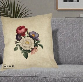 Perna Decorativa Buchet Trandafiri Bujori Botanical, 40x40 cm, Crem, Husa Detasabila, Perna Inclusa, BEKZ®