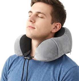 Set perna de calatorie cervicala 3D memory foam, masca de somn si dopuri antizgomot, Gri/Negru