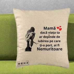 Cadou pentru Mama - Perna Personalizata Mama Nemuritoare Gravura Vintage, 40x40 cm, Bej, Husa Detasabila, Perna Inclusa, BEKZ®