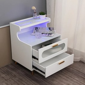 RESIGILAT- Noptieră inteligentă multifunctională, lumină LED RGB, încarcare wireless, 2 sertare, sticlă securizată, Alb