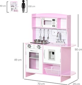 HOMCOM Bucătărie de Jucărie pentru Copii, cu Lumini și Sunete, Dozator Apă, Chiuvetă și Accesorii, MDF, PP, Roz | Aosom Romania