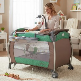 Patut Pliabil rotund cu balansoar, Tarc copii Baby Care™ PRO FRW, 2 Niveluri de inaltime, Cu melodii si Masa infasat, Carusel cu jucarii din plus,