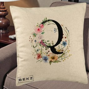 Cadou Personalizat - Perna Personalizata Monogram Litera Q cu Flori Acuarela, 40x40 cm, Bej, Husa Detasabila, Perna Inclusa, BEKZ®