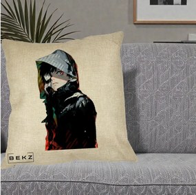 Perna Personalizata Tokyo Ghoul Ken Kaneki cu Masca si Gluga, 40x40 cm, Crem, Husa Detasabila, Perna Inclusa, BEKZ®