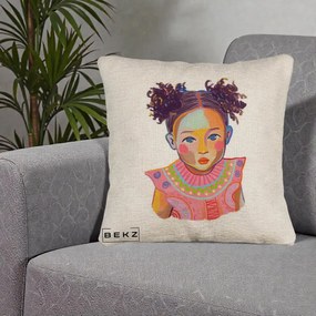 Perna Decorativa Fetita Vesela Portret Colorat, 40x40 cm, Bej Canapea, Husa Detasabila, Perna Inclusa, BEKZ®
