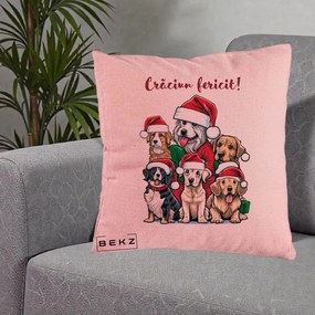 Perna Decorativa Caini cu Bonete Craciun Fericit, 40x40 cm, Roz, Husa Detasabila, Perna Inclusa, BEKZ®
