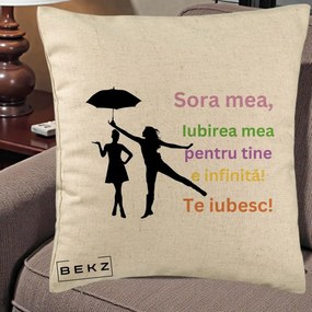 Cadou pentru Sora - Perna Personalizata Sora Mea Te Iubesc Siluete Colorate Umbrela, 40x40 cm, Bej, Husa Detasabila, Perna Inclusa, BEKZ®