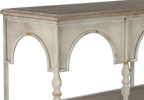 Consolă hol vintage din metal, crem, cu blat din lemn, 2 rafturi și arcade pe baluștri, 91 x [lățime] x 36,5 cm, „Arches”