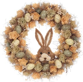Coroană de Paște Iepure maro cu flori și ouă,diametru 45 cm, 45 x 45 x 9 cm