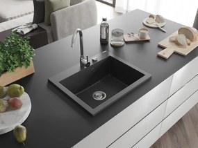 Mexen Elix chiuvetă de bucătărie din granit, 1 compartiment, 600 x 500 mm, negru cu pete, sifon crom - 6525601005-76