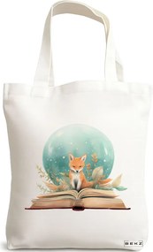 Sacosa de Panza pentru Cumparaturi, Geanta Tote, model Foxy and books 38 x 34.5 cm, Alba, BEKZ®
