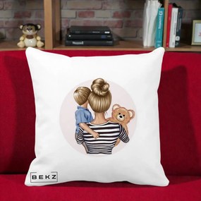 Cadou pentru Mama - Perna Personalizata Mama si Baietelul cu Ursulet, 40x40 cm, Alba Mata, Husa Detasabila, Perna Inclusa, BEKZ®