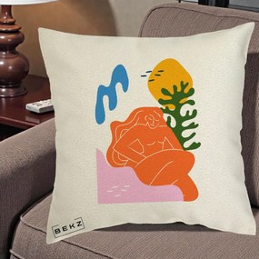 Perna Decorativa Femeie Portocalie Relaxata, 40x40 cm, Ecru, Husa Detasabila, Perna Inclusa, BEKZ®
