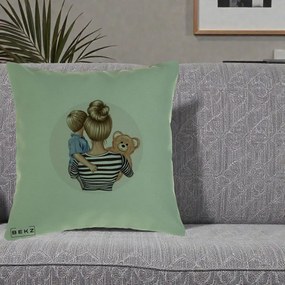 Cadou pentru Mama - Perna Personalizata Mama si Baietelul cu Ursulet, 40x40 cm, Verde, Husa Detasabila, Perna Inclusa, BEKZ®