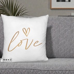 Perna Decorativa Love Caligrafie Aurie, 40x40 cm, Alb Pufos, Husa Detasabila, Perna Inclusa, BEKZ®