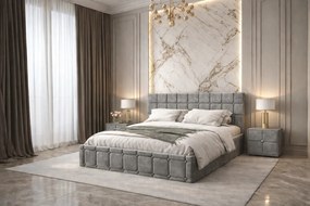 Pat tapitat Royal 160x200 cm, Gri + Saltea Superortopedica Gold, grosime 20 cm + Set 2 noptiere Royal, Gri