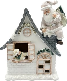 Decor Craciun cu LED ,   Casuta Alba cu Mos Craciun si Fetita la Fereastra JOY, 13x16cm