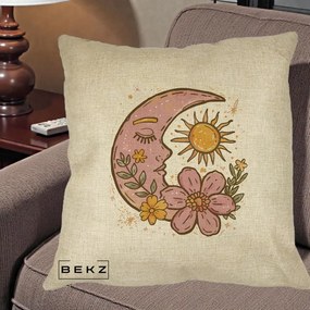 Perna Personalizata Luna si Soare Floral Boho, 40x40 cm, Crem, Husa Detasabila, Perna Inclusa, BEKZ®
