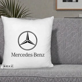 Perna Personalizata cu emblema Mercedes-Benz, 40x40 cm, Alb Pufos, Husa Detasabila, Perna Inclusa, BEKZ®