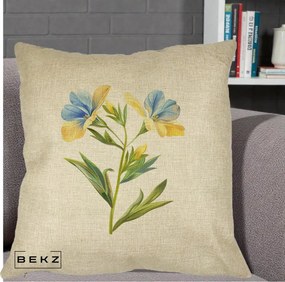 Perna Decorativa Botanica Frezie Galbena si Albastra, 40x40 cm, Crem, Husa Detasabila, Perna Inclusa, BEKZ®