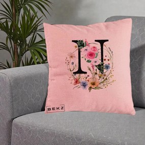 Cadou Personalizat - Perna Personalizata Monogram Litera N cu Flori Acuarela, 40x40 cm, Roz, Husa Detasabila, Perna Inclusa, BEKZ®