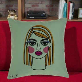 Perna Decorativa Portret Pop Art Fata, 40x40 cm, Verde, Husa Detasabila, Perna Inclusa, BEKZ®