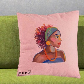 Perna Decorativa Portret Femeie Urbana Acuarela, 40x40 cm, Roz, Husa Detasabila, Perna Inclusa, BEKZ®