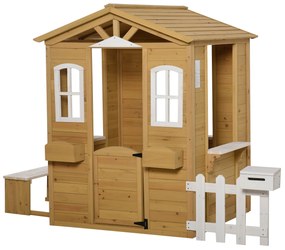 Outsunny Cabana de joc pentru copii casa de gradina din lemn cu usa si ferestre, banc, cutie postala, garda, 3-6 ani | Aosom Romania