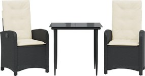 vidaXL Set mobilier de grădină cu perne, 3 piese, negru, poliratan