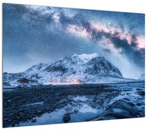 Tablou pe sticlă cu munți și ceul cu stele (70x50 cm)