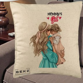 Cadou pentru Mama - Perna Personalizata Mommy's Girl Mama si Fetita, 40x40 cm, Bej, Husa Detasabila, Perna Inclusa, BEKZ®