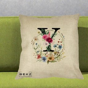 Cadou Personalizat - Perna Personalizata Monograma Florala Litera Y cu Coroana, 40x40 cm, Crem, Husa Detasabila, Perna Inclusa, BEKZ®