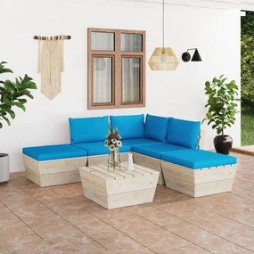 Set mobilier gradina din paleti cu perne, 6 piese, lemn molid Albastru deschis, colt + 2x mijloc + masa + 2x suport pentru picioare, 1