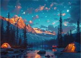 Tablou pe sticlă - Camping în munți (70x50 cm)