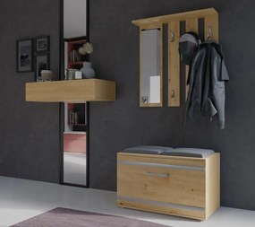 CUI501 - Cuier 85 cm, 6 agatatori haine, hol, lada pantofi, pantofar cu oglinda - Alb / Culoarea Stejar / Sonoma