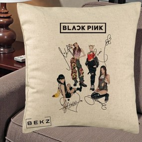 Perna Personalizata K-pop BLACKPINK Fotografie Grup Autografe Toate Membre, 40x40 cm, Bej, Husa Detasabila, Perna Inclusa, BEKZ®