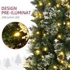 Brad de Craciun 180cm Artificial cu 240 Lumini LED si 618 Ramuri, Brad Acoperit cu Zapada Inalt si Ingust cu Postament din Otel HOMCOM | Aosom RO