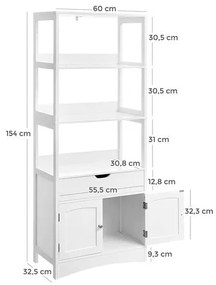 Dulap Inalt De Depozitare Pentru Baie, Cu 3 Rafturi, 1 Sertar Si 2 Usi, Alb, 60 Cm