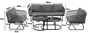 Set de lounge de grădină din 5 piese cu frânghie, picioare reglabile, blat de masă din sticlă netedă, inclusiv perne de șezut și spate, Gri