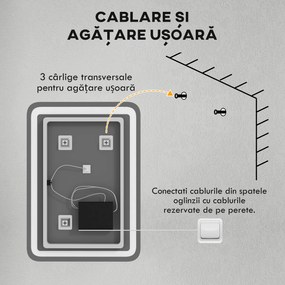 kleankin Oglindă LED pentru Baie și Machiaj, Reglabilă cu 3 Temperaturi de Culoare, 70x50 cm, Design Modern, Argintiu | Aosom Romania