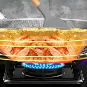 Tigaie wok cu capac Swiss Haus SteelCRAFT SH-ZGW30, 30 cm, 4,8 l, Interior cu relief pentru prajire, Acoperire ceramica Sapphire, Cuptor pana la 260°C, Pentru toate plitele inclusiv inductie, Argintiu