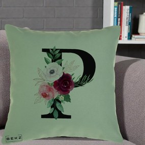 Cadou Personalizat - Perna Personalizata Monograma Florala Litera P, 40x40 cm, Verde, Husa Detasabila, Perna Inclusa, BEKZ®