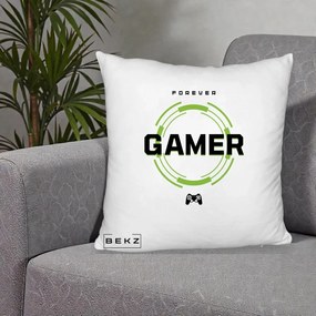 Perna Personalizata Forever Gamer, 40x40 cm, Alb Pufos, Husa Detasabila, Perna Inclusa, BEKZ®