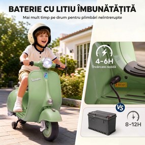 AIYAPLAY Motocicletă Electrică pentru Copii 3+ Ani, Licență VESPA, 6V, cu Roți Ajutătoare Detașabile, Max. 30 kg, Verde | Aosom Romania