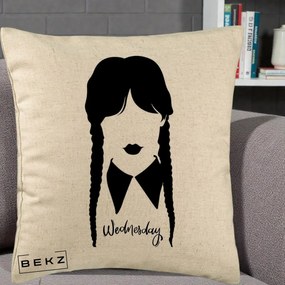 Perna Personalizata Wednesday Addams Silueta Alb-Negru, 40x40 cm, Bej, Husa Detasabila, Perna Inclusa, BEKZ®