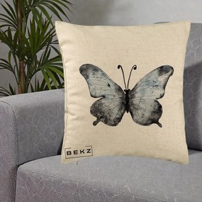 Perna Decorativa Fluture Acuarela Albastru-Gri, 40x40 cm, Bej, Husa Detasabila, Perna Inclusa, BEKZ®